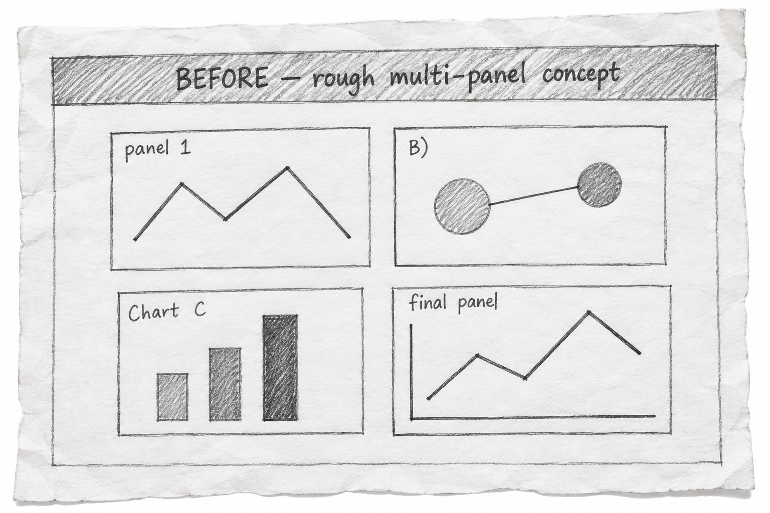 Before example showing a rough multi-panel research concept