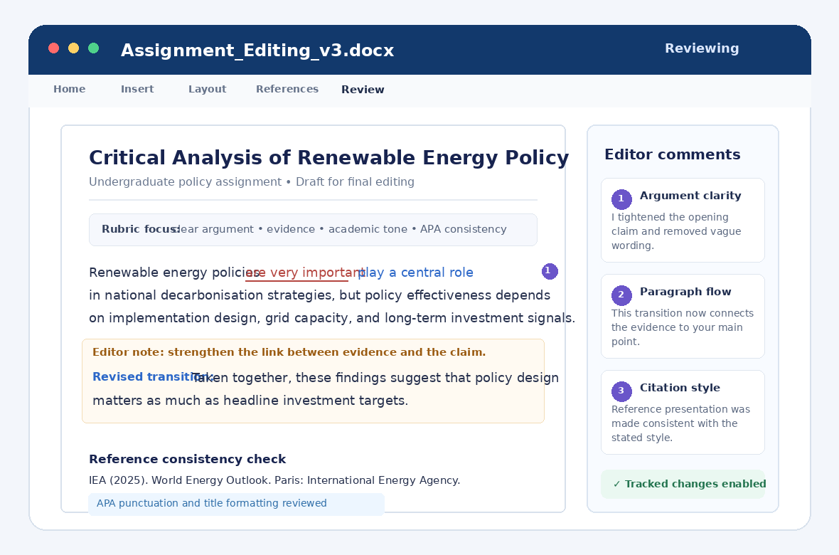 Academic assignment with tracked changes, editor comments, clarity revisions and citation formatting checks showing Assignment Editing Service