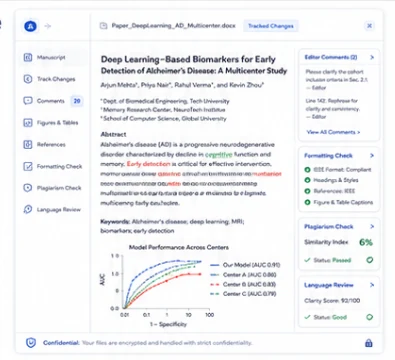 Conference manuscript workspace showing tracked changes, editor comments, formatting checks, plagiarism review, figures, references, and language review