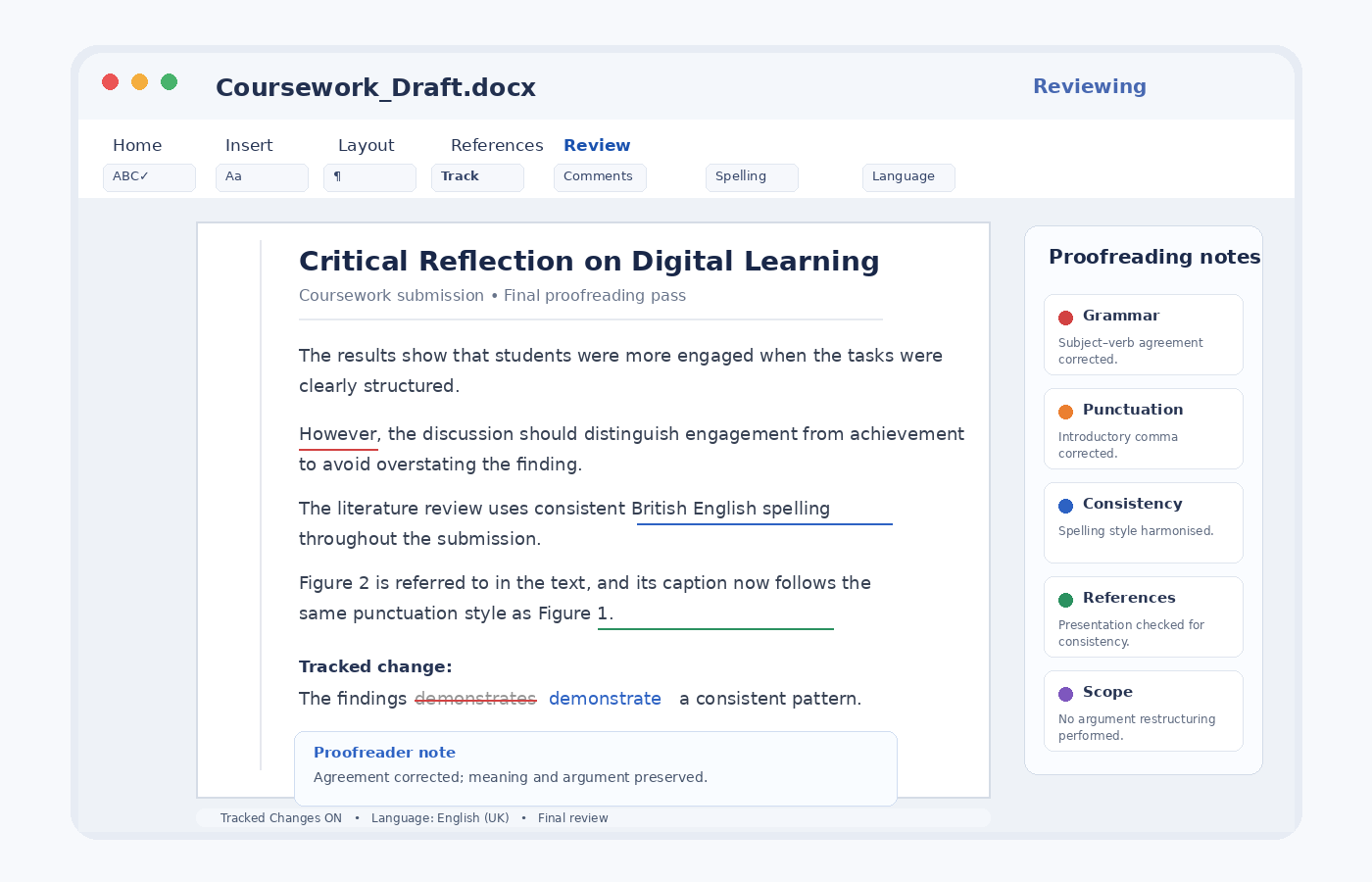 Coursework document with proofread grammar, punctuation, spelling, and consistency corrections shown with tracked changes and proofreader notes