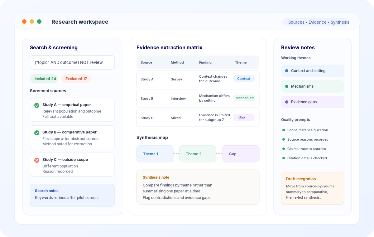 Literature review research workspace showing source screening, evidence extraction matrix and thematic synthesis notes