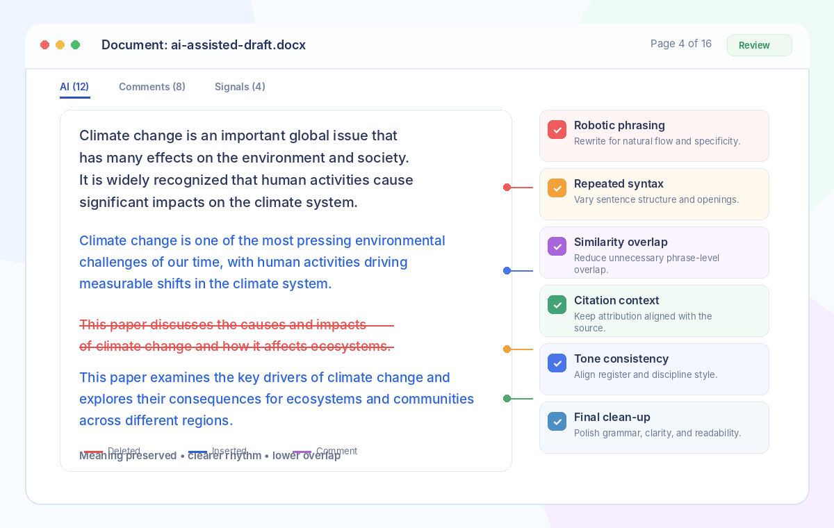 Document review interface with tracked changes, rewritten sentences and AI and similarity review comments