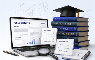 Research paper writing service visual with academic manuscript, references, research methods, statistics, and revision notes