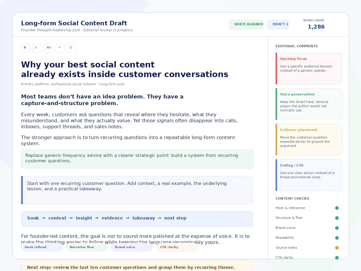 Long-form social content draft with editorial comments, structure checks, brand-voice review and CTA refinement