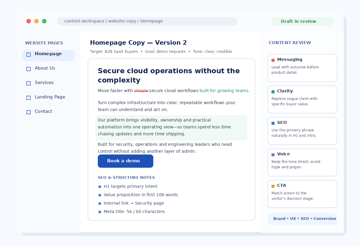 Website content writing workspace showing homepage copy, SEO notes and editorial comments