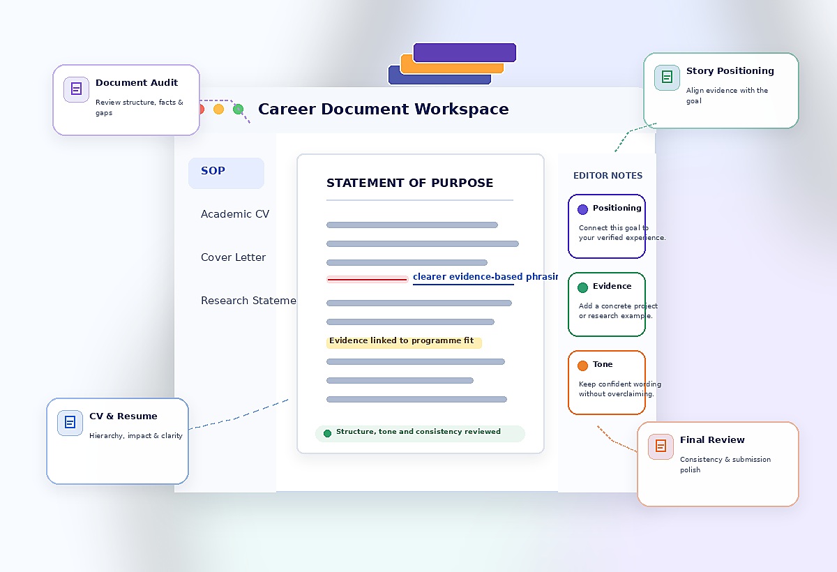 Academic career documents service workspace showing a statement of purpose, academic CV, document audit, evidence notes, tracked revisions, and final review