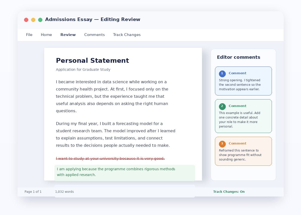 Personal statement document with tracked edits and editor comments showing admission essay and personal statement editing