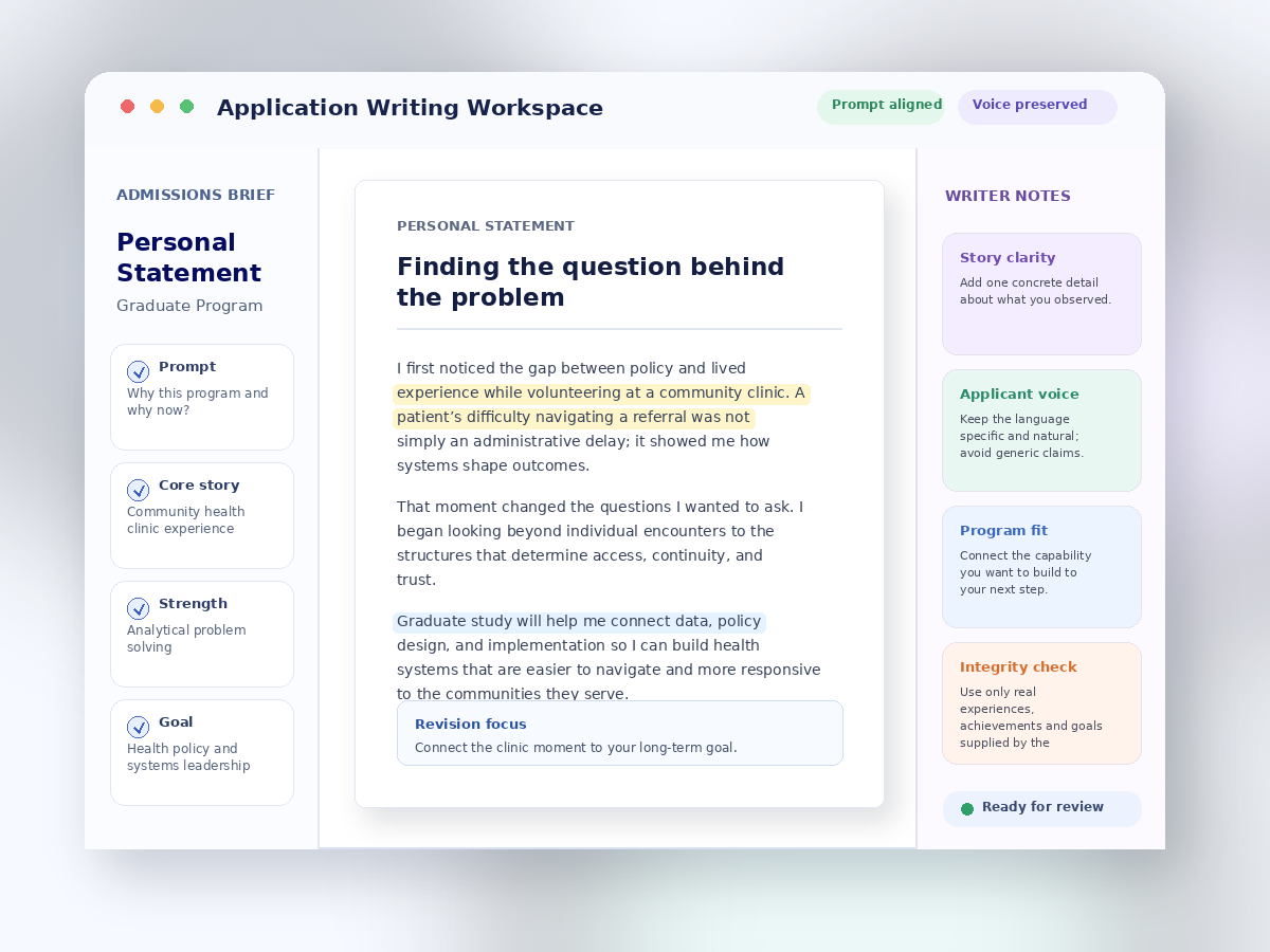 Personal statement draft with an admissions brief, highlighted narrative passages, program-fit notes, and writer review comments