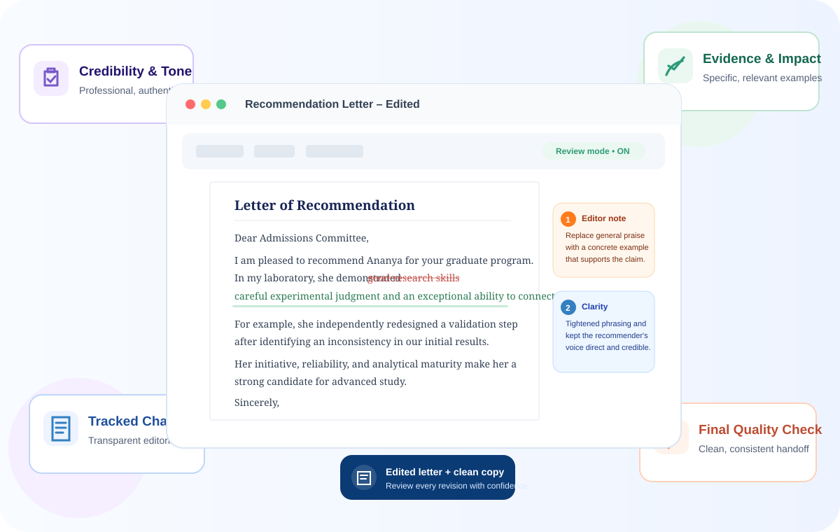 Recommendation letter with tracked changes, stronger evidence, and editor comments showing professional recommendation letter editing