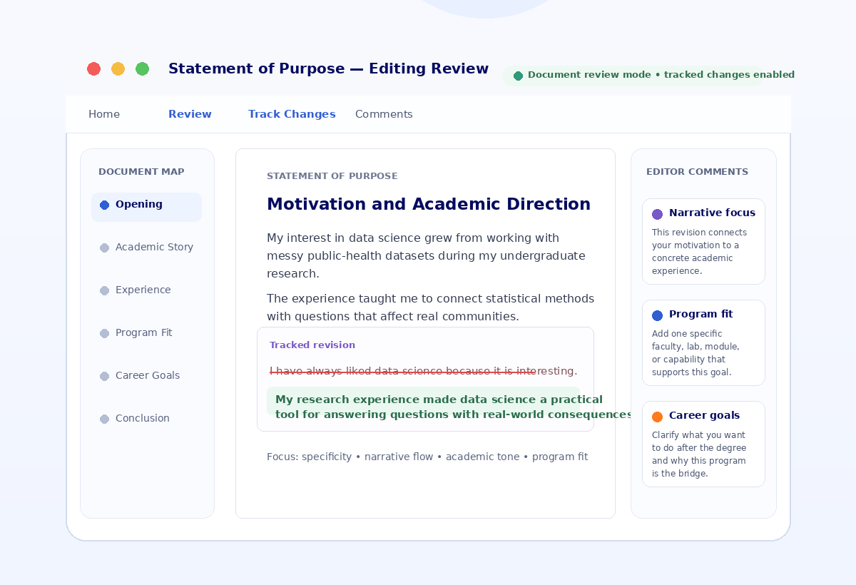 Statement of Purpose draft with tracked revisions and editor comments showing professional SOP editing