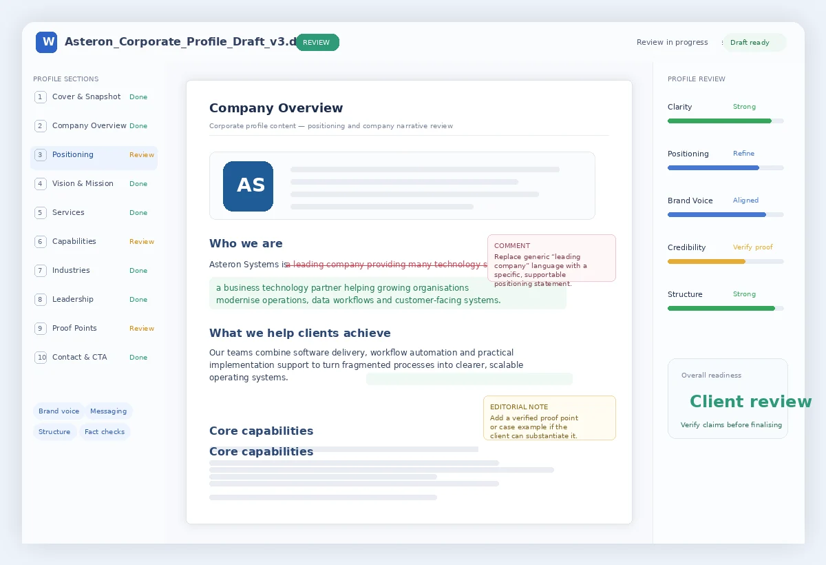 Illustrative corporate profile draft with company sections, rewritten positioning text, editorial comments, and profile review notes