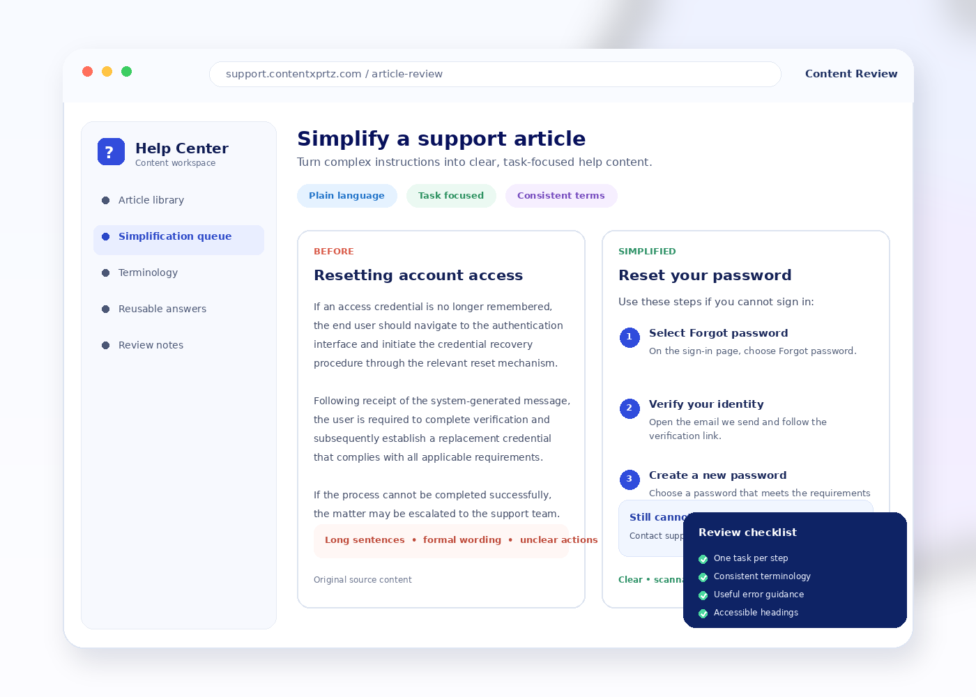 Before-and-after support article showing complex instructions simplified into clear task-focused help content