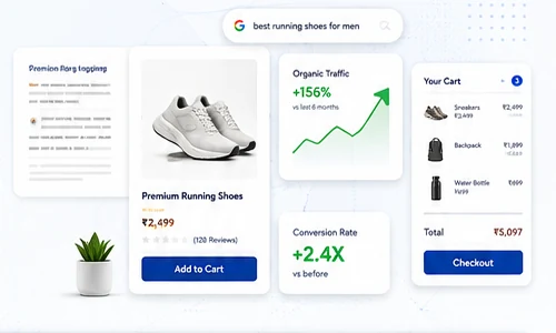 Ecommerce product listing, organic traffic graph and shopping cart showing Product Content SEO Optimization Service