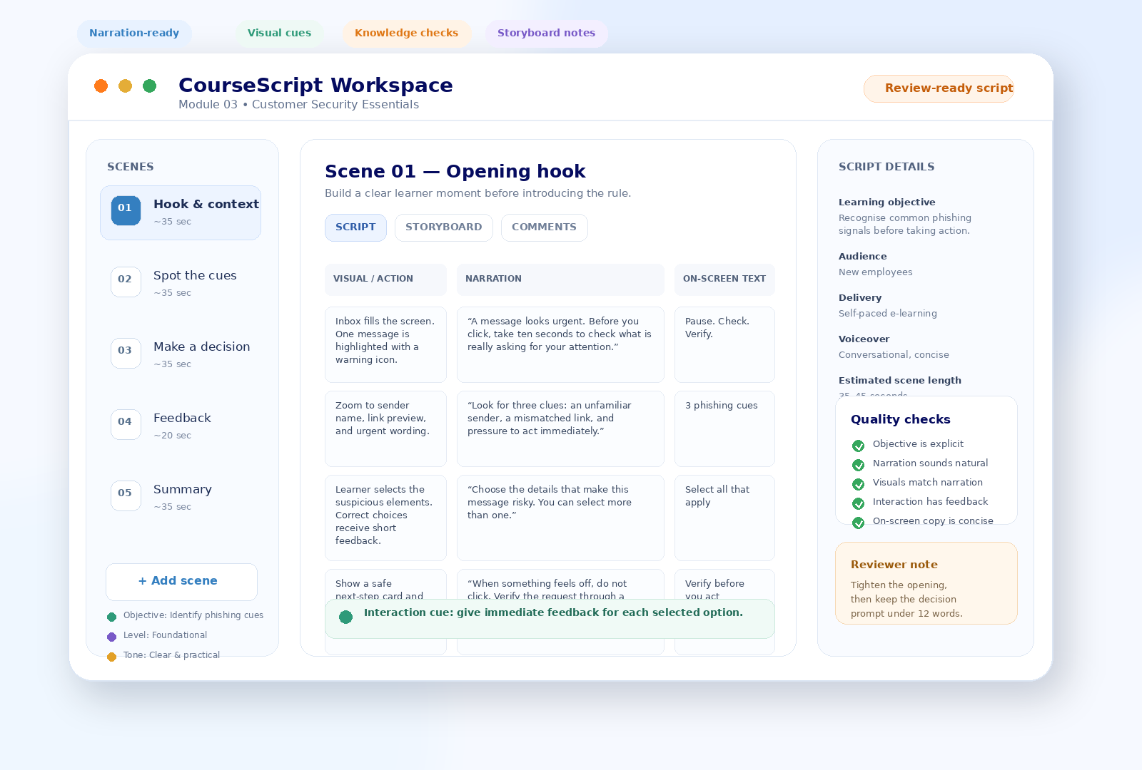 E-learning storyboard and course script showing narration, on-screen text, visual directions, interaction cues, and review notes