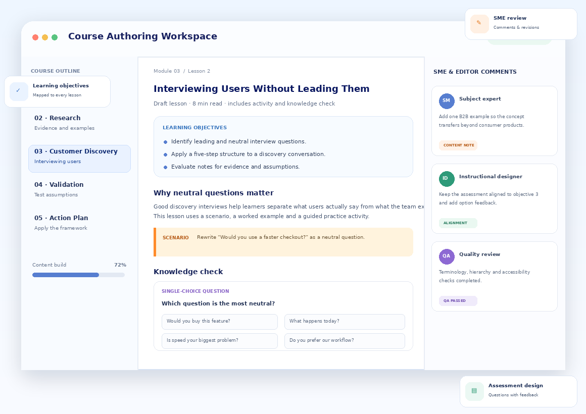 E-learning course authoring workspace showing learning objectives, lesson copy, assessment questions, SME comments and quality-review notes