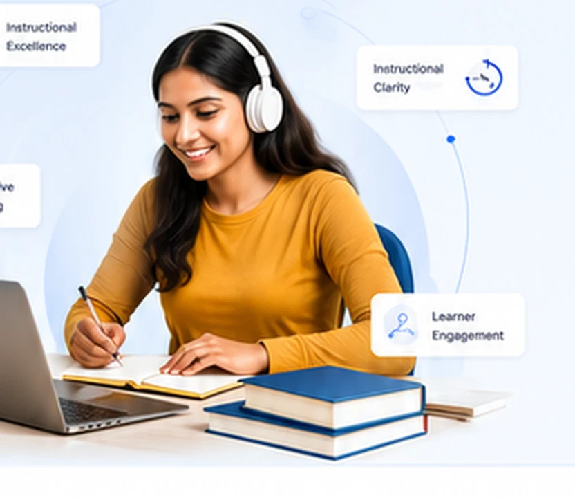 Learning material design service showing an instructional design workspace with learning clarity and learner engagement cues