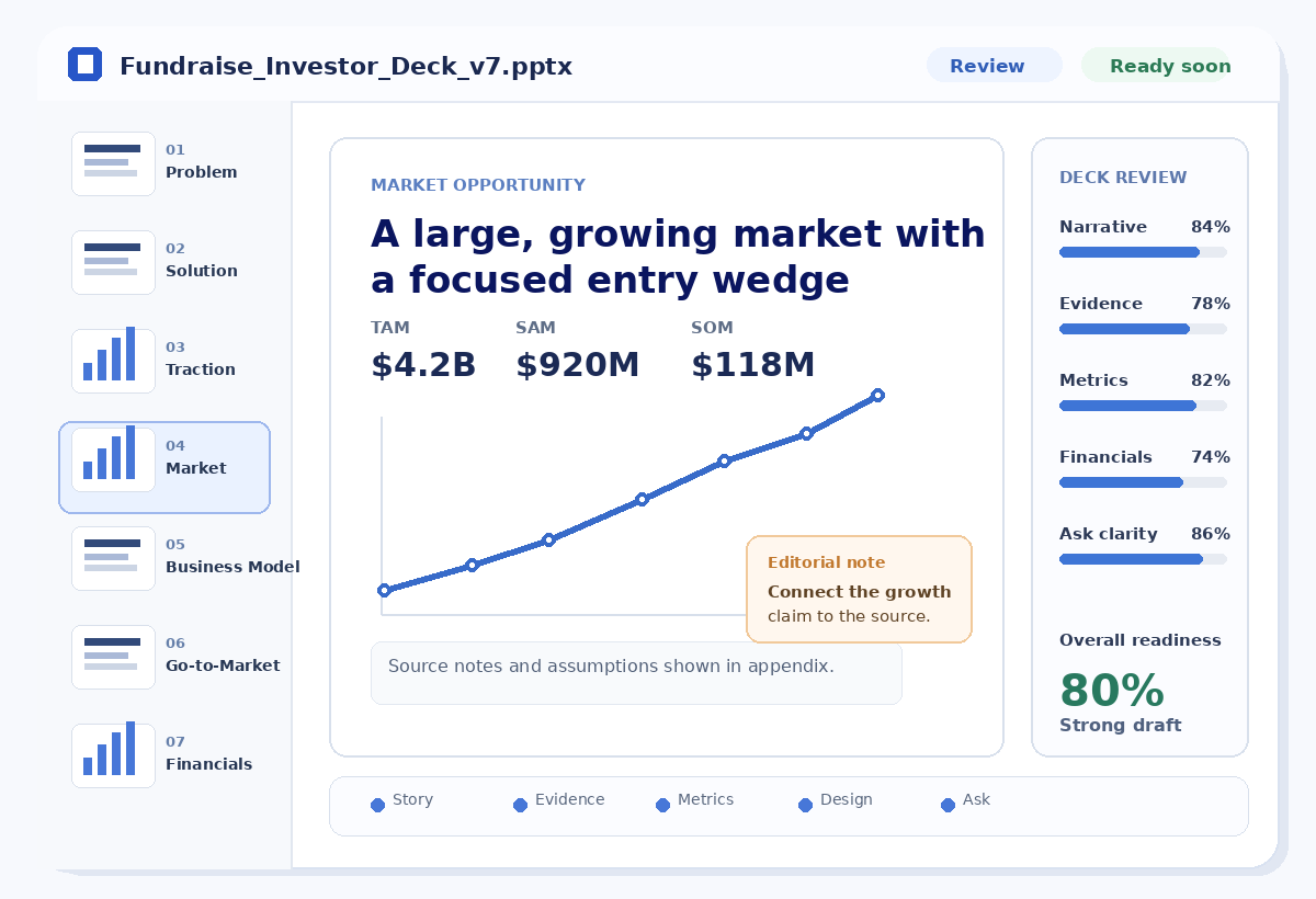 Investor pitch deck with slide storyboard, market chart, financial metrics, and editorial review comments