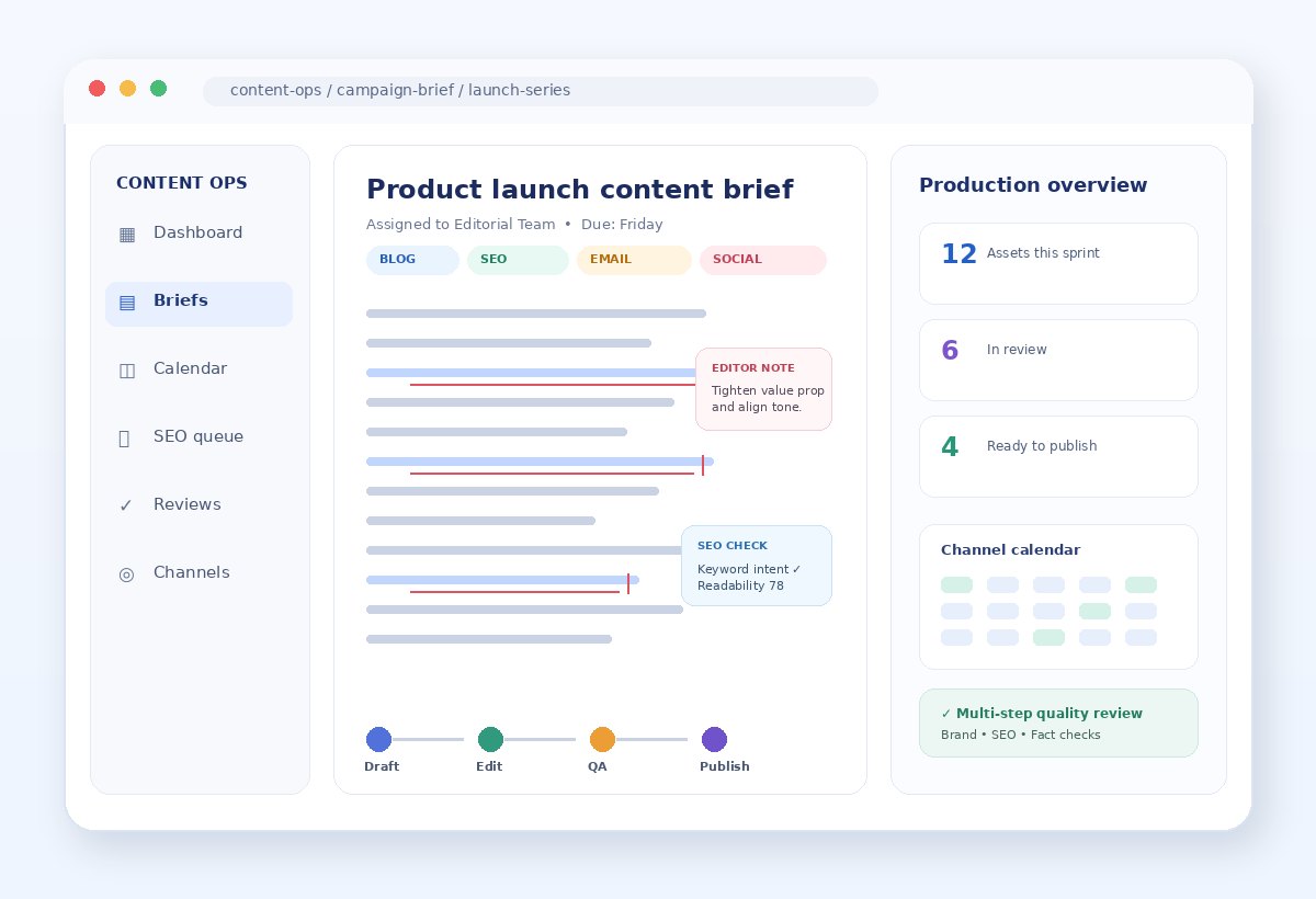 Managed content production workflow with a content brief, editorial comments, SEO checks, channel calendar and quality review