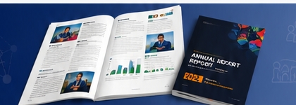 Professionally designed NGO annual and impact report spreads with charts, photographs and a branded report cover