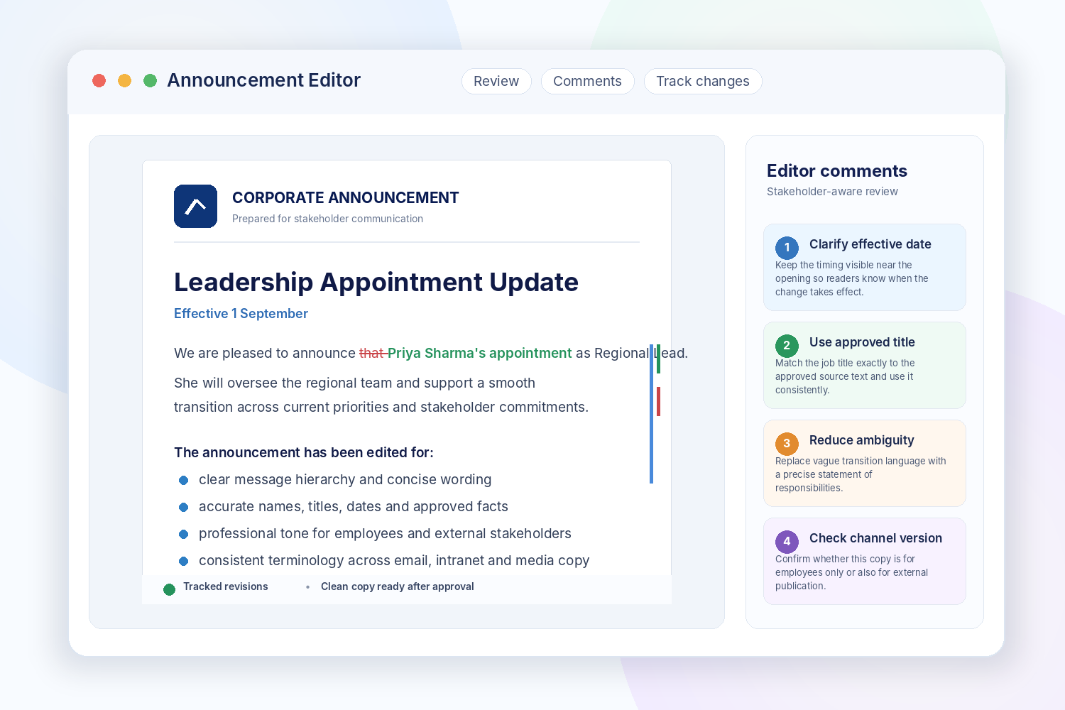 Corporate announcement draft with tracked changes and editor comments showing Corporate Announcement Editing Service