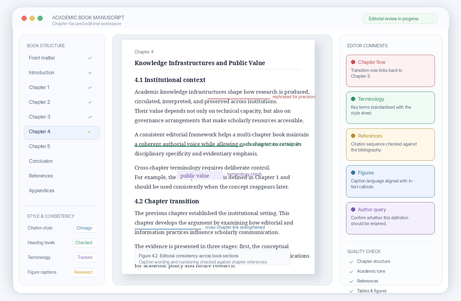 Academic book manuscript with chapter structure, tracked edits, reference checks, figure notes and editor comments
