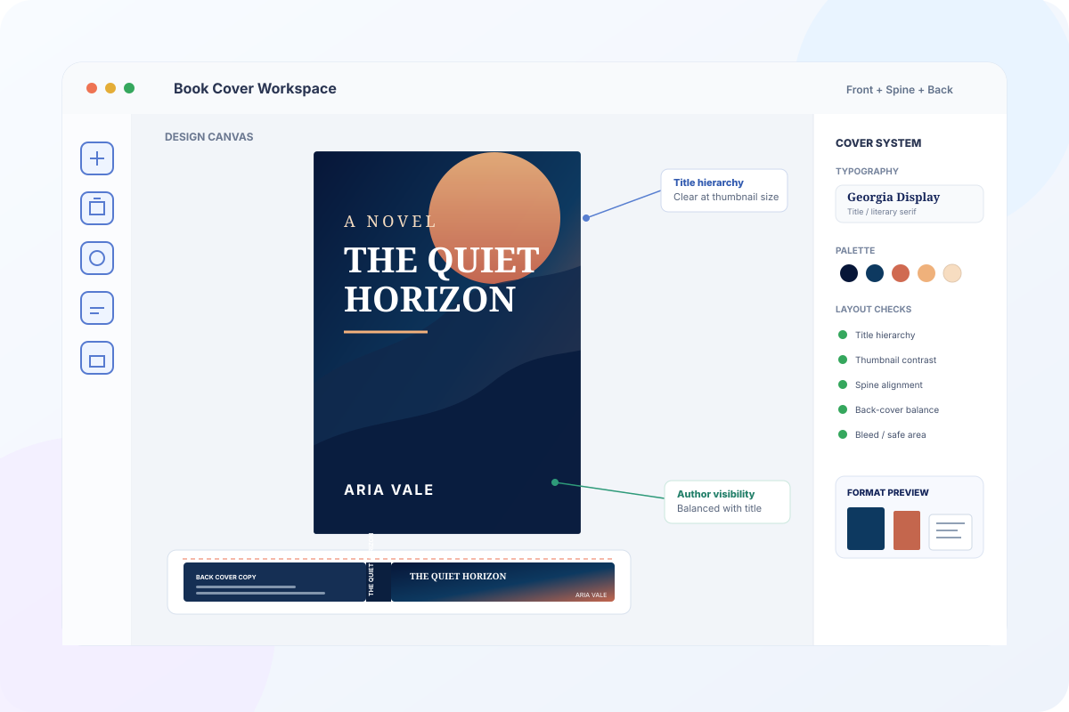Professional book cover design workspace showing a front cover, spine and back-cover layout, typography, colour palette and print checks