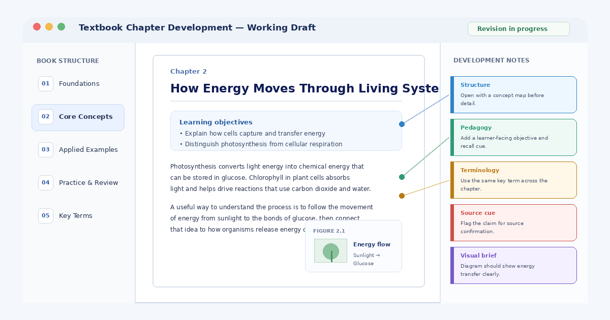 Textbook chapter manuscript with chapter navigation, learning objectives, figure planning, and development notes showing Textbook Writing Service