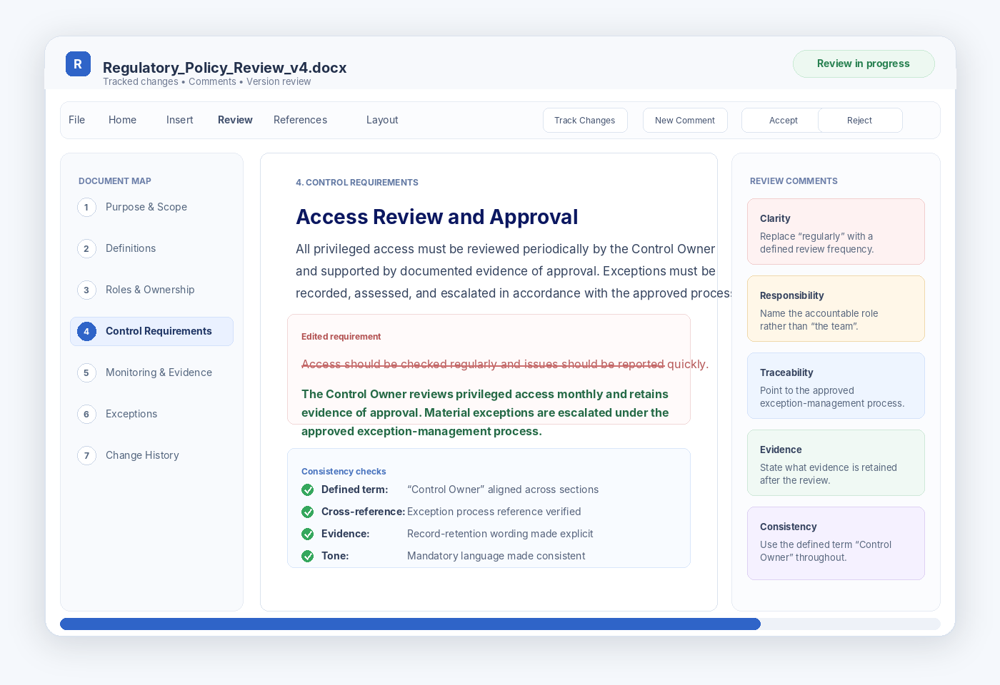 Regulatory policy document with tracked changes, editor comments, defined-term checks and cross-reference review