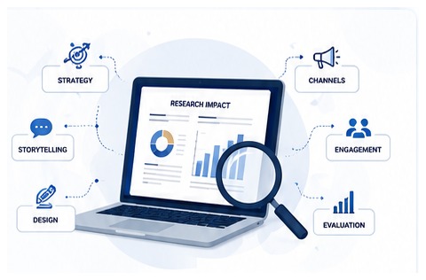 Research impact dashboard on a laptop with strategy, storytelling, design, channels, engagement and evaluation
