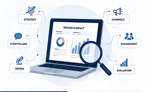 Research storytelling workflow showing strategy, storytelling, design, channels, engagement and evaluation around a research impact dashboard