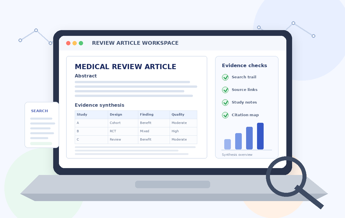 Medical review article manuscript workspace showing evidence synthesis, study table, references and source checks
