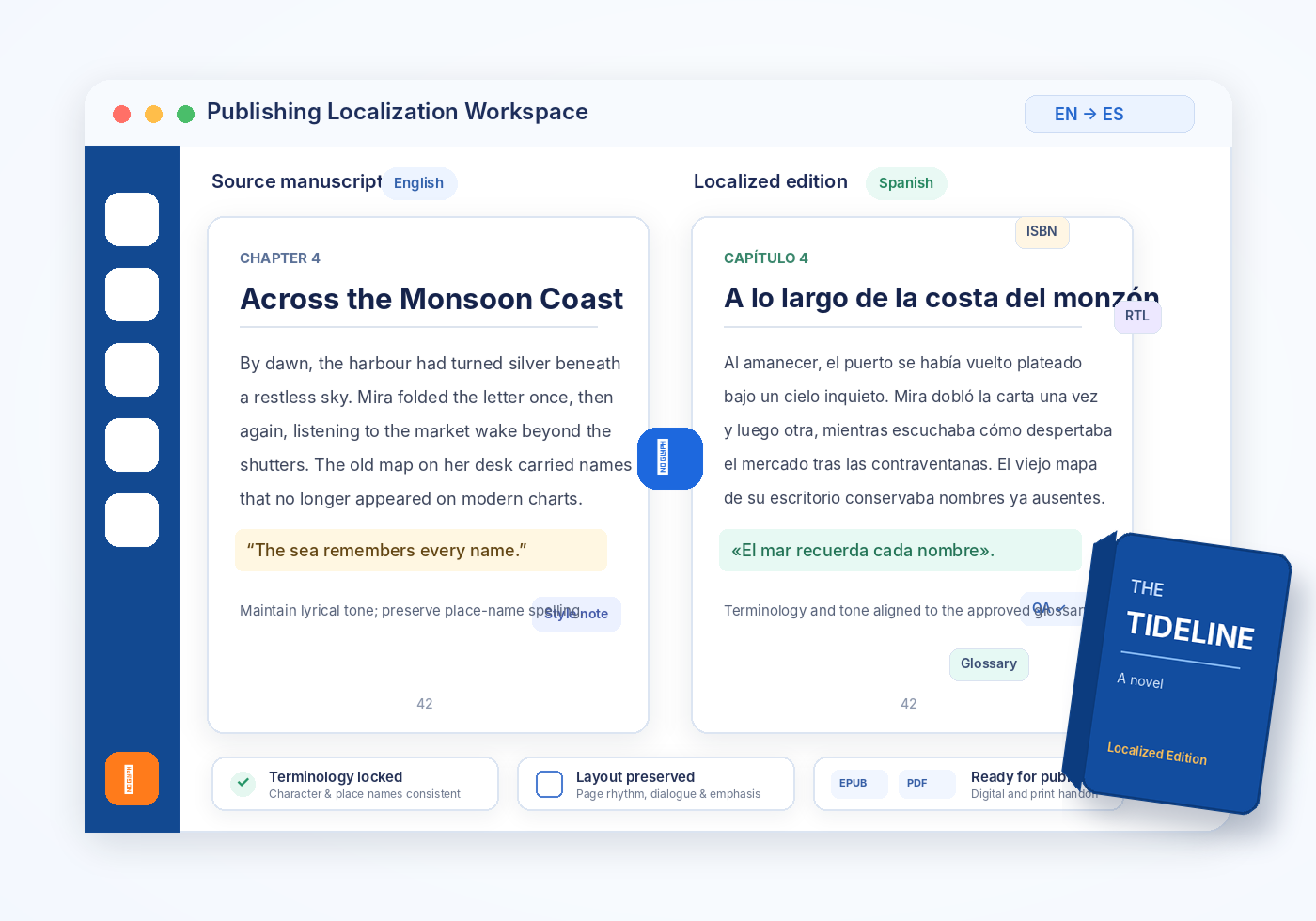 Book publishing localization workspace showing English source manuscript and Spanish localized edition with terminology, layout, and publishing checks