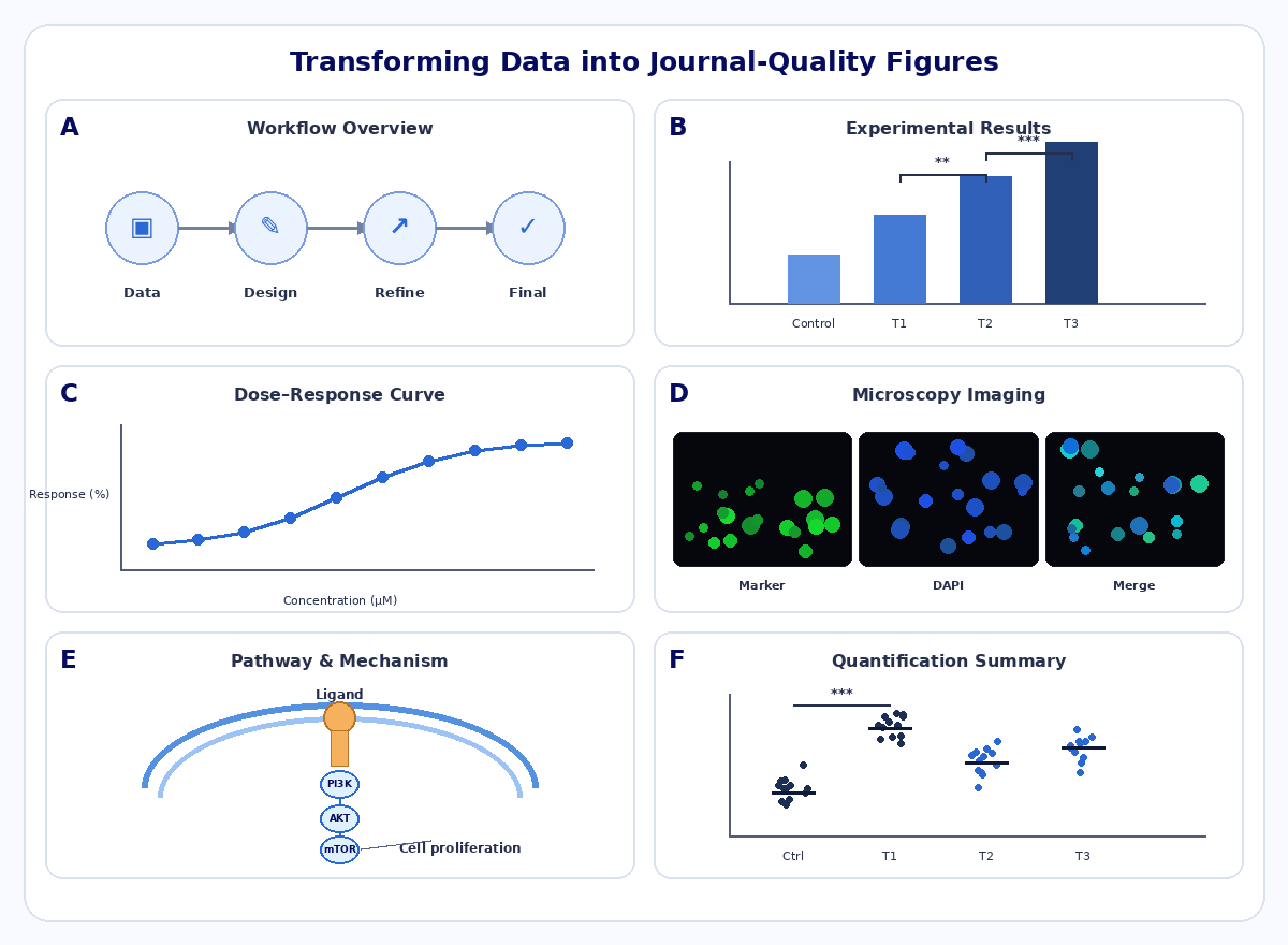 Scientific Figure Service example showing a multi-panel journal figure with workflow, experimental results, dose-response graph, microscopy images, pathway schematic, and quantification plot