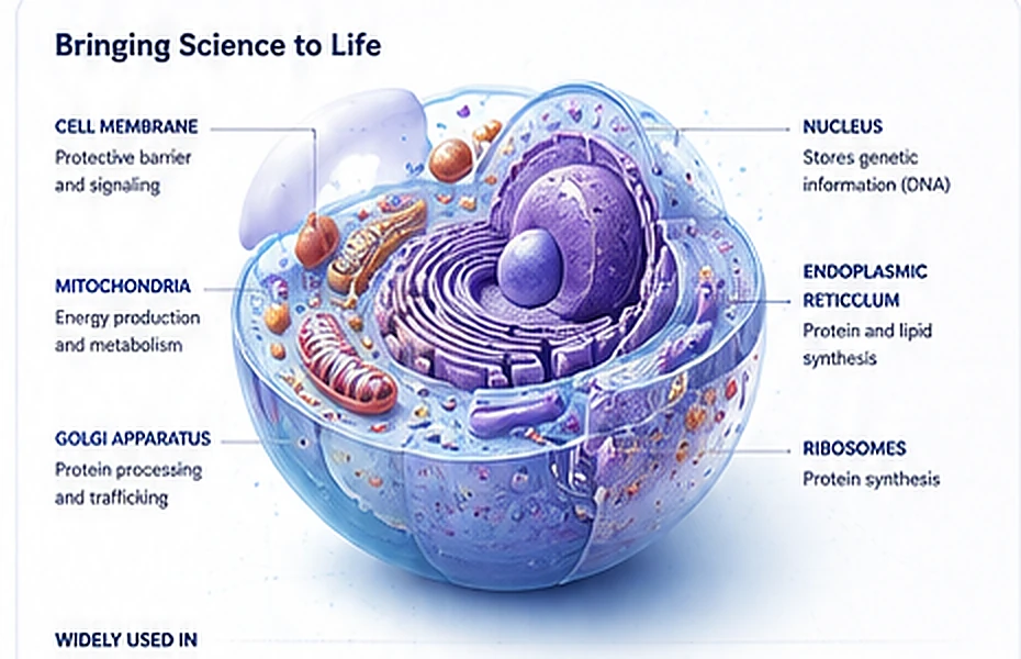 Detailed scientific cell illustration with labelled organelles demonstrating scientific illustration service output
